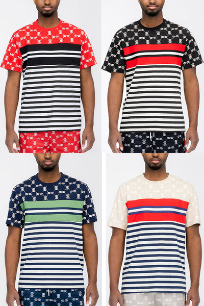 Model wearing various color options of Linked T-shirt WT8771 featuring striped patterns.
