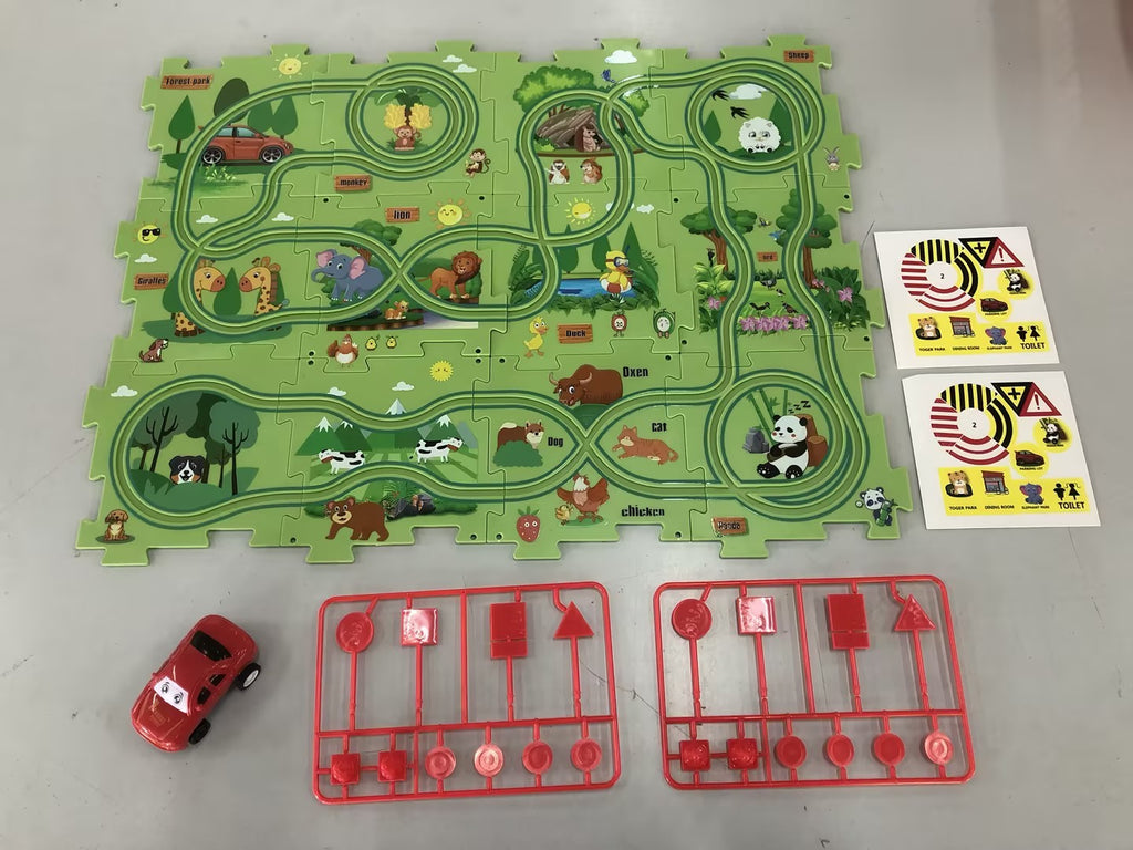 Puzzle infantil de comboio elétrico, brinquedo educativo para montar, com carro elétrico automático, cenário de cidade e carris.