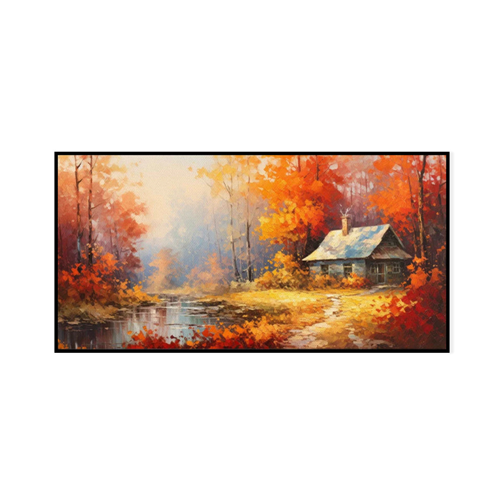 Pintura a óleo artesanal sobre tela para decoração de parede, com árvores em tons de vermelho e laranja, representando uma paisagem rural numa casa de campo. Ideal para decoração de ambientes. Pintura enrolada, sem moldura e sem esticar.