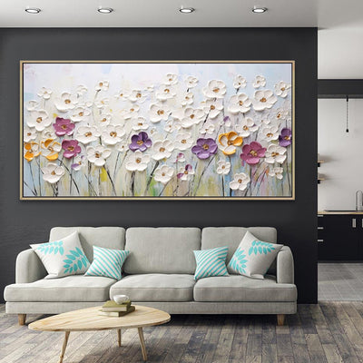 Pintura abstrata à mão com espátula, pequena flor branca, óleo sobre tela, quadro para decoração de parede de sala de estar.