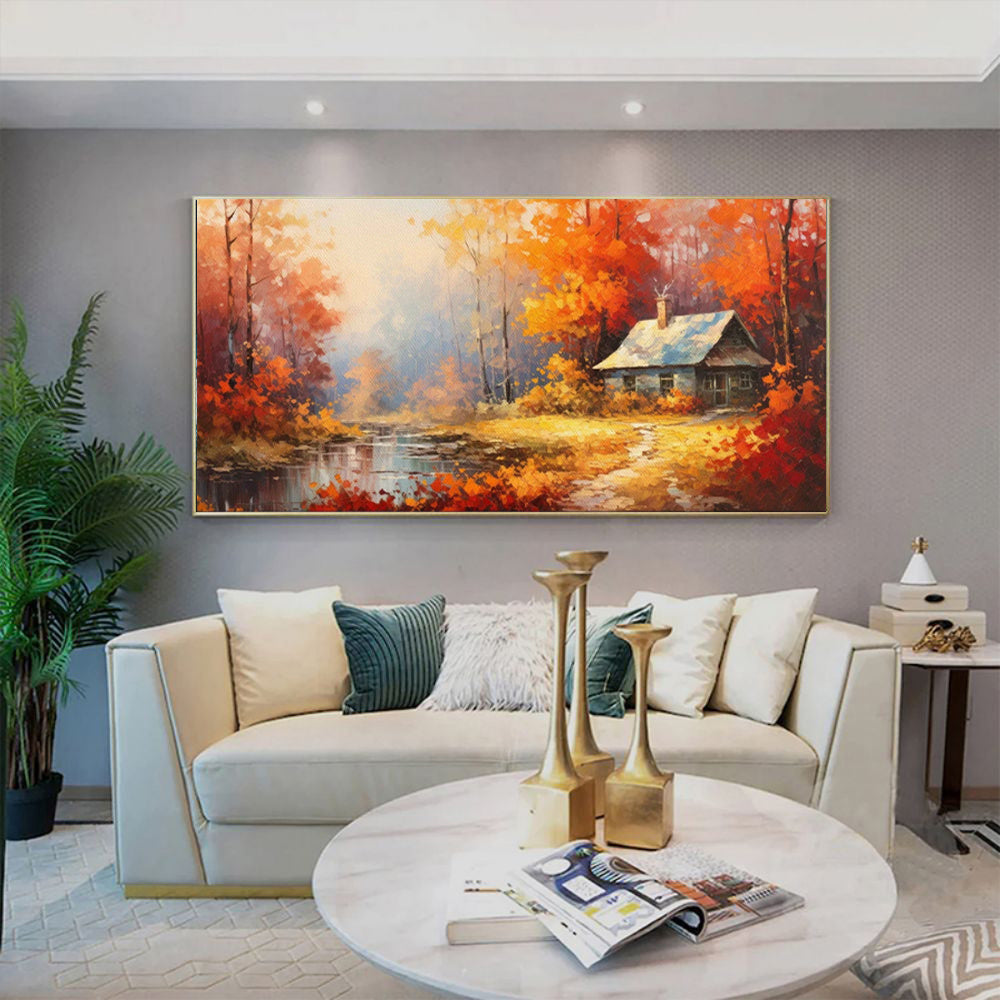 Pintura a óleo artesanal sobre tela para decoração de parede, com árvores em tons de vermelho e laranja, representando uma paisagem rural numa casa de campo. Ideal para decoração de ambientes. Pintura enrolada, sem moldura e sem esticar.