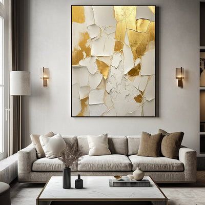 Golden And White Texture Painting Handmade Oil Painting Abstract On Canvas  Medieval Minimalist Wall Art For Living Room Home Decor