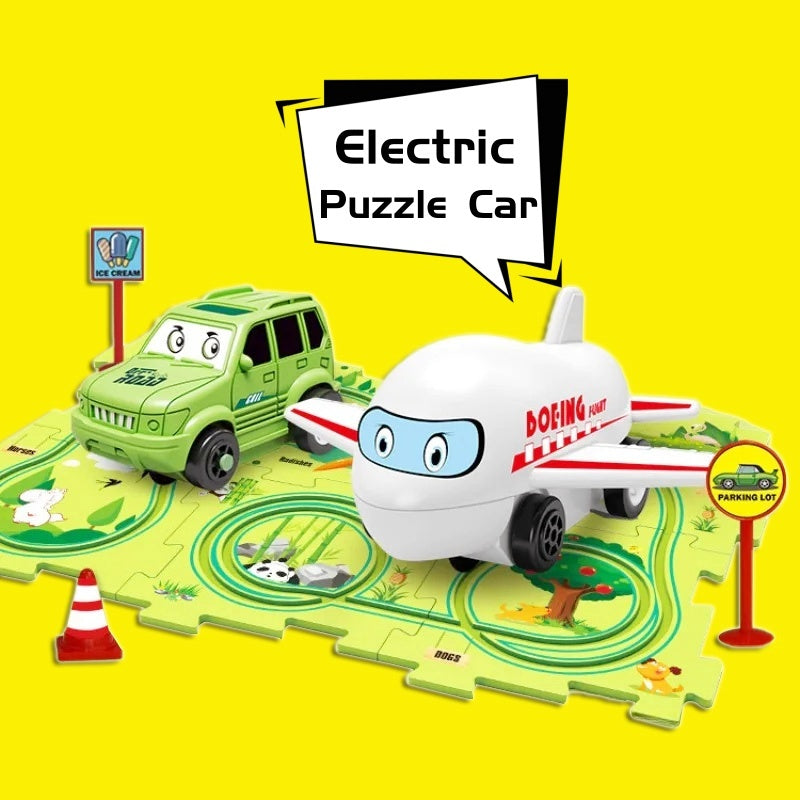 Puzzle infantil de comboio elétrico, brinquedo educativo para montar, com carro elétrico automático, cenário de cidade e carris.