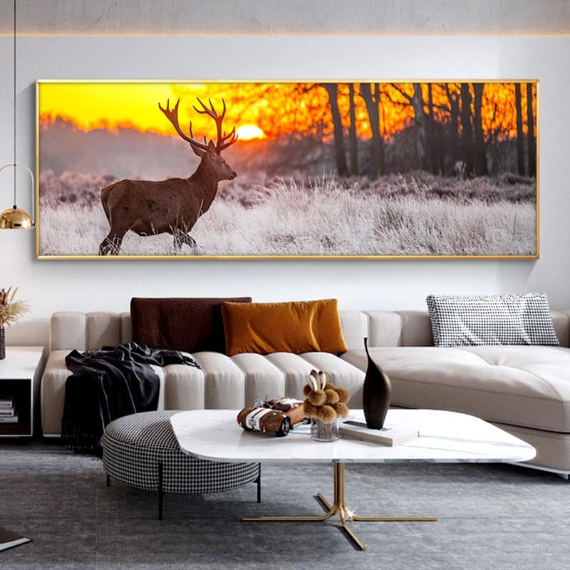 Affiche et impression d'art mural représentant un paysage de coucher de soleil avec des cerfs dans la forêt, peinture sur toile