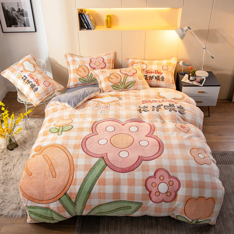 Parure de lit quatre pièces avec draps en velours pour rester au chaud (velours laiteux)
