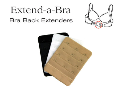Extend-a-Bra bra extender solution in black, white, and beige colors for comfort and fit.