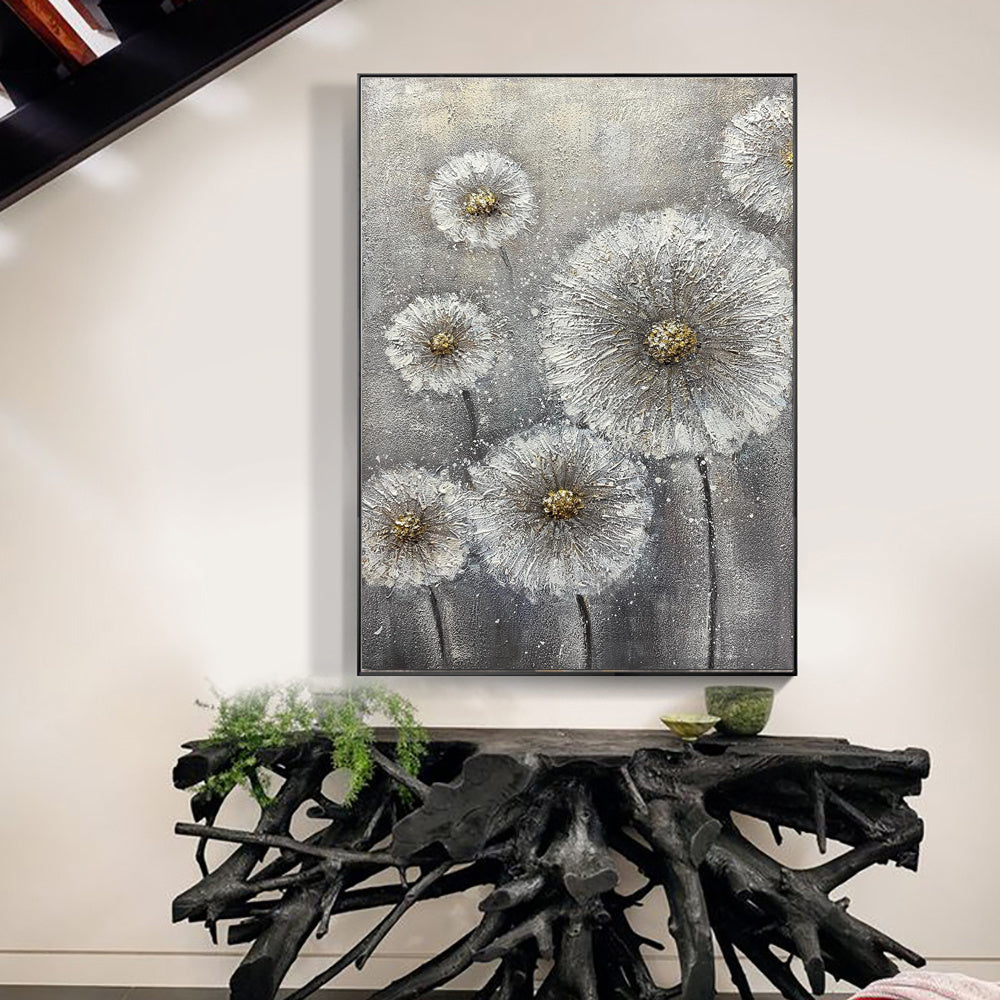 Real Handmade Texture White Flower Plant Grey Canvas Oil Paintings Large Wall Art Picture For Home Decor Painting Gift Artwork