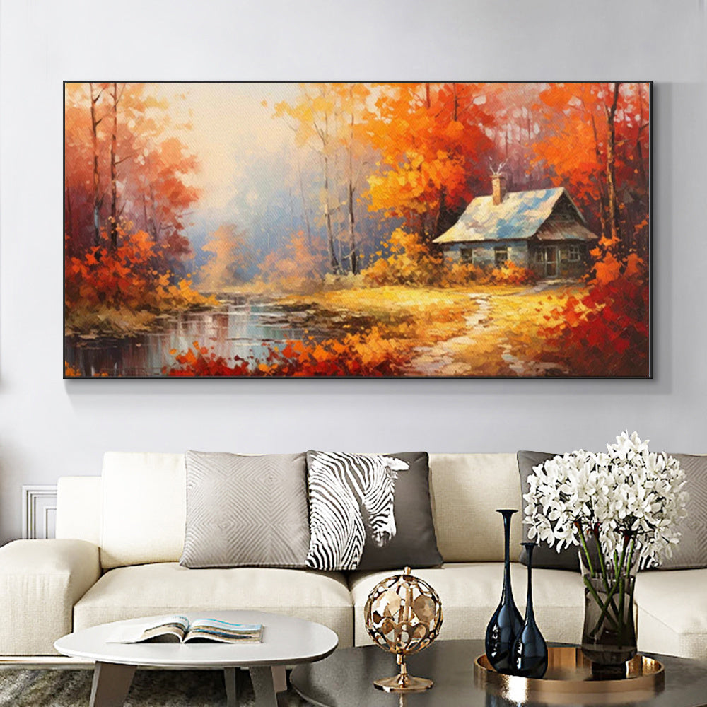 Pintura a óleo artesanal sobre tela para decoração de parede, com árvores em tons de vermelho e laranja, representando uma paisagem rural numa casa de campo. Ideal para decoração de ambientes. Pintura enrolada, sem moldura e sem esticar.