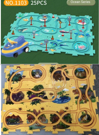 Puzzle infantil de comboio elétrico, brinquedo educativo para montar, com carro elétrico automático, cenário de cidade e carris.