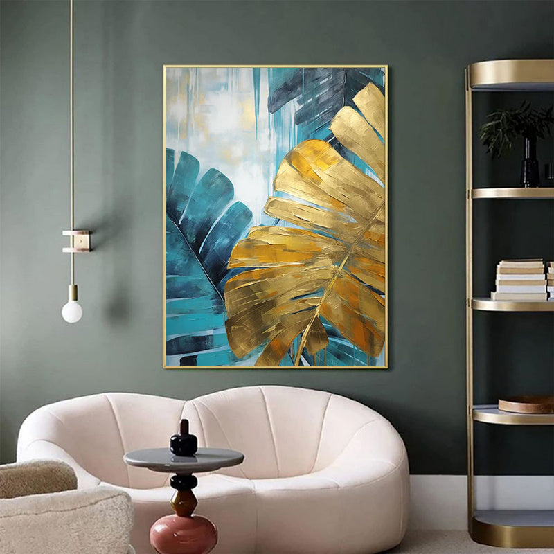 Pintura a óleo artesanal sobre tela, decoração de parede com grandes folhas de bananeira verdes e douradas. Ideal para decoração de casa. Pintura enrolada, sem moldura e sem esticar.