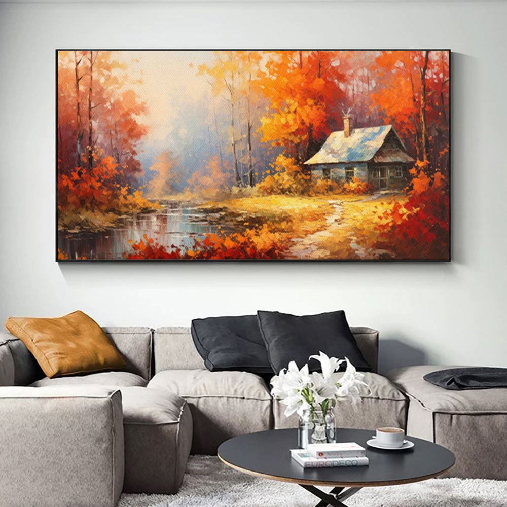 Pintura a óleo artesanal sobre tela para decoração de parede, com árvores em tons de vermelho e laranja, representando uma paisagem rural numa casa de campo. Ideal para decoração de ambientes. Pintura enrolada, sem moldura e sem esticar.