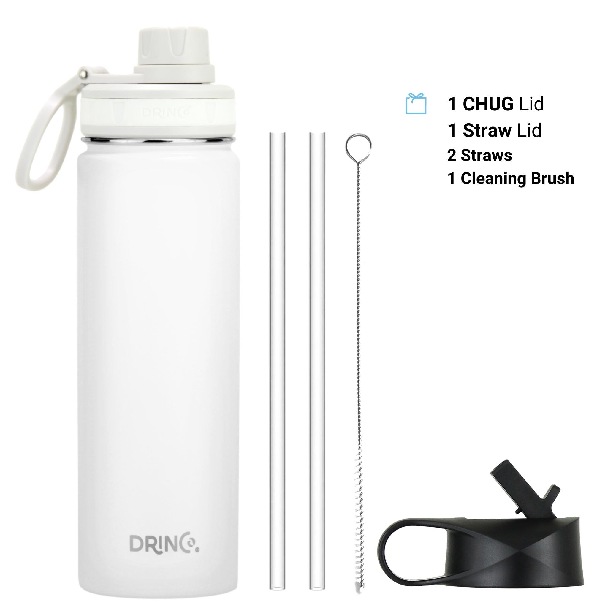 DRINCO stainless steel sport water bottle with CHUG and Straw lids, two straws and a cleaning brush.