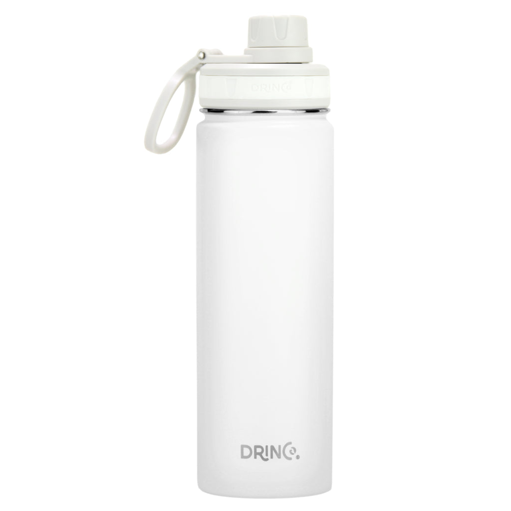 DRINCO stainless steel sport water bottle in white with a twist cap and handle for easy carrying.