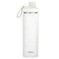 DRINCO stainless steel sport water bottle in white with a twist cap and handle for easy carrying.