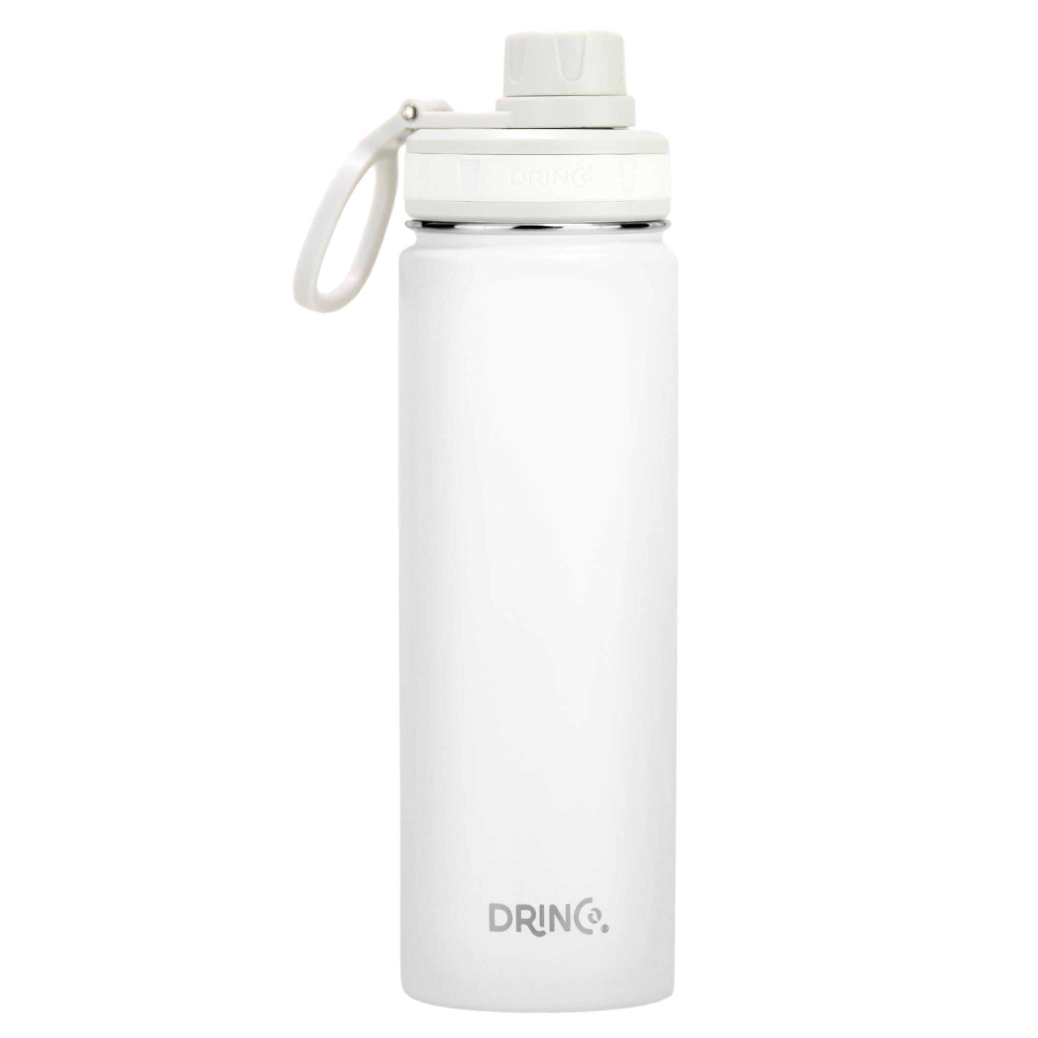 DRINCO stainless steel sport water bottle in white with a twist cap and handle for easy carrying.