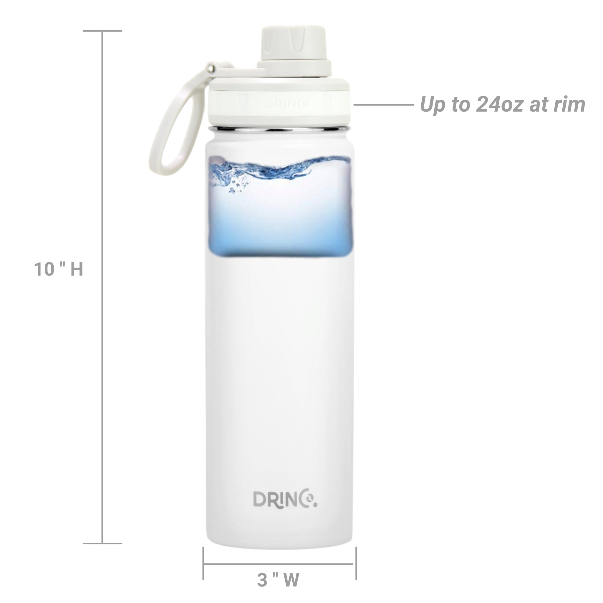 DRINCO stainless steel sport water bottle with water splash and measurement details, designed for durability and sustainability.