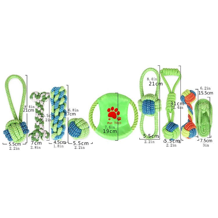 Braided Cotton Rope Chew Toys featuring various sizes for dog play and dental health.
