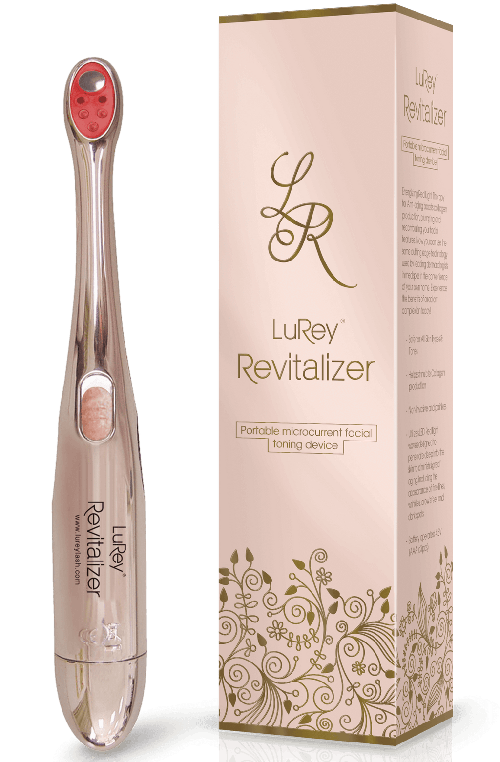 LuRey Revitalizer Portable Micro current Facial Toning Device with packaging for smoother, toned skin and reduced wrinkles.