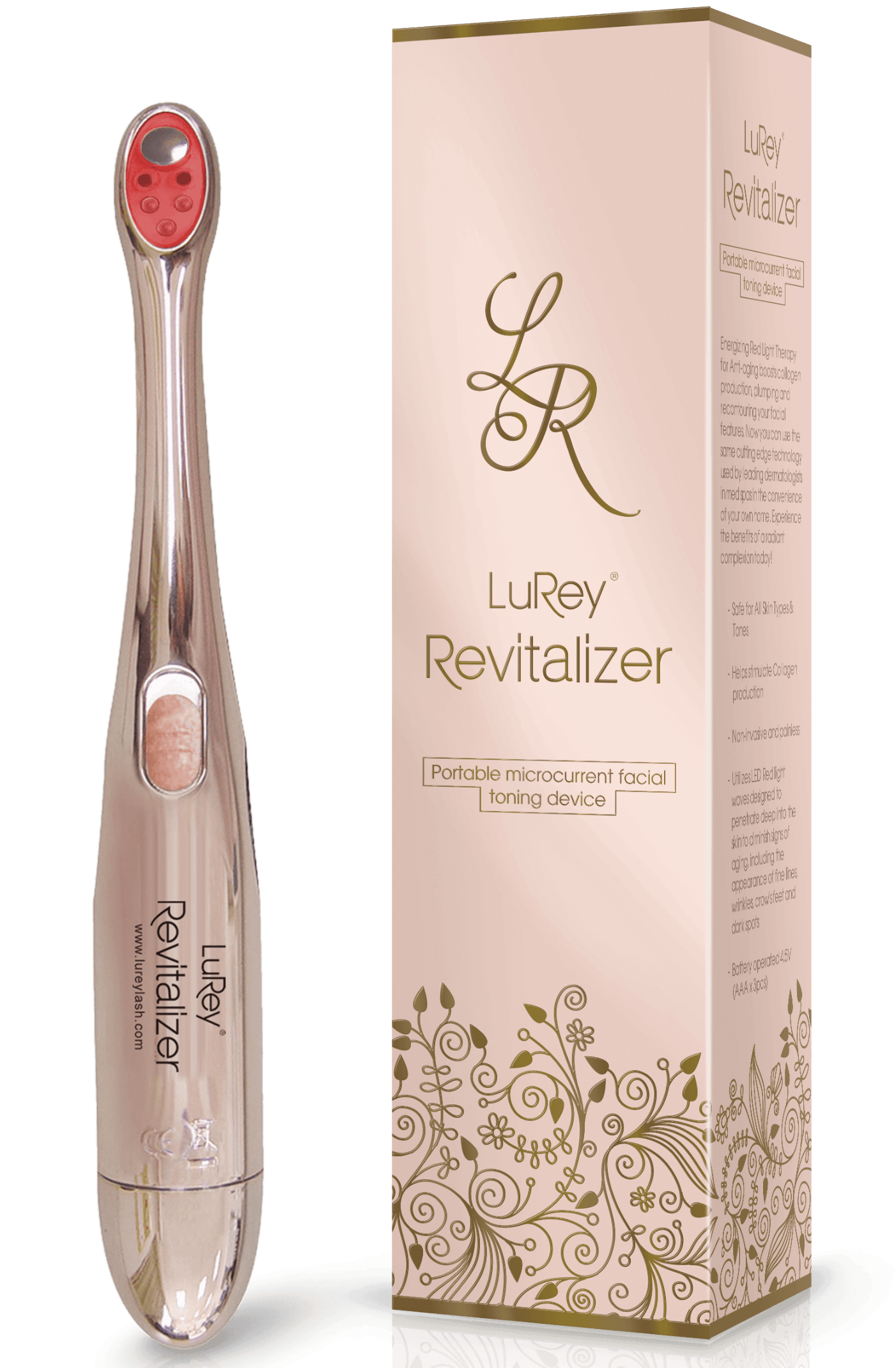 LuRey Revitalizer Portable Micro current Facial Toning Device with packaging for smoother, toned skin and reduced wrinkles.