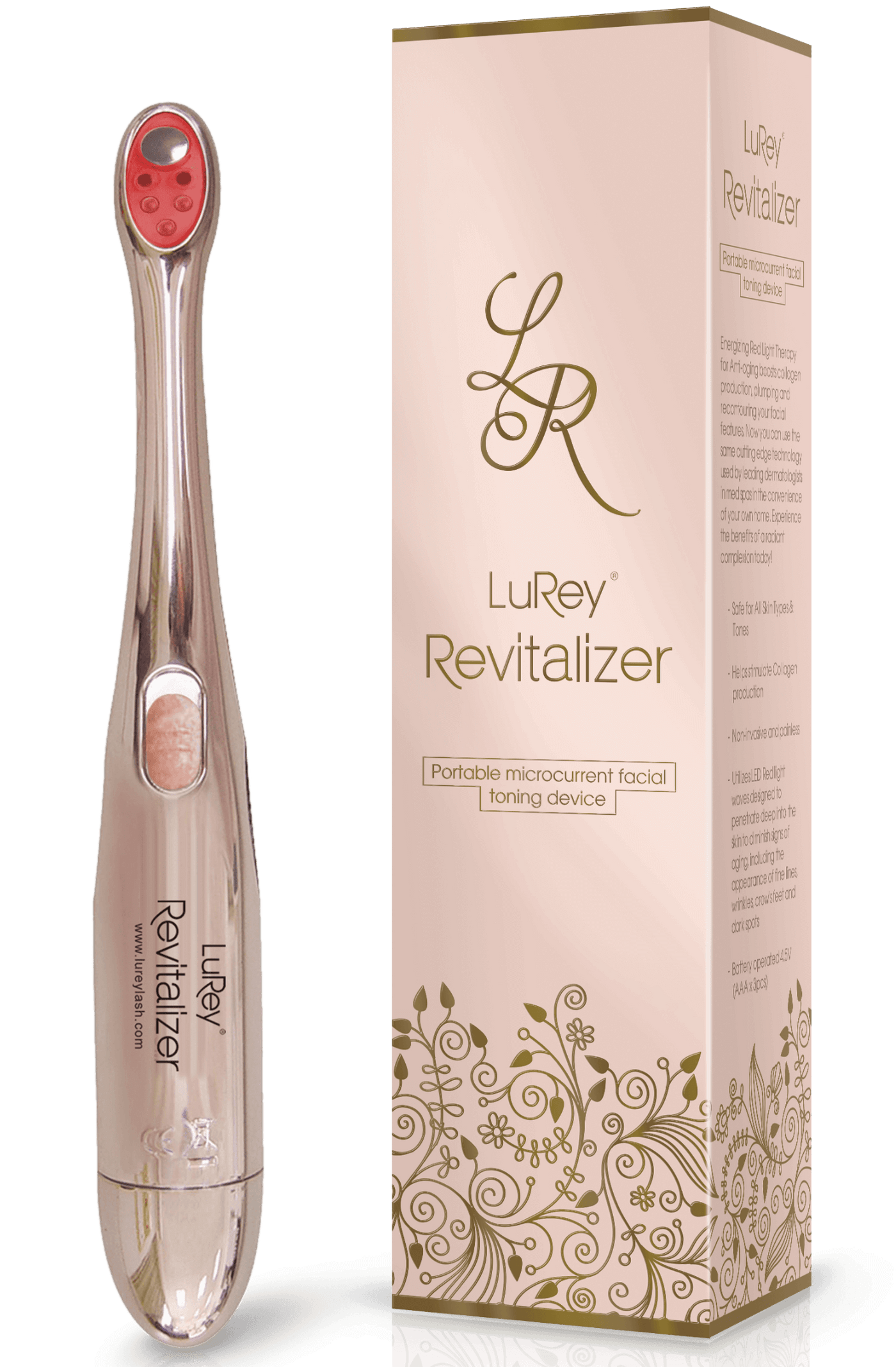 LuRey Revitalizer Portable Micro current Facial Toning Device with packaging for smoother, toned skin and reduced wrinkles.