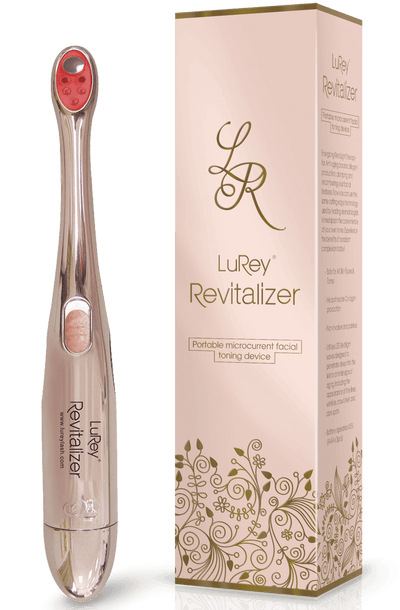 LuRey Revitalizer Portable Micro current Facial Toning Device with packaging for smoother, toned skin and reduced wrinkles.
