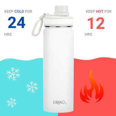 DRINCO stainless steel sport water bottle with cold and hot retention features, keeping drinks cold for 24 hrs and hot for 12 hrs.