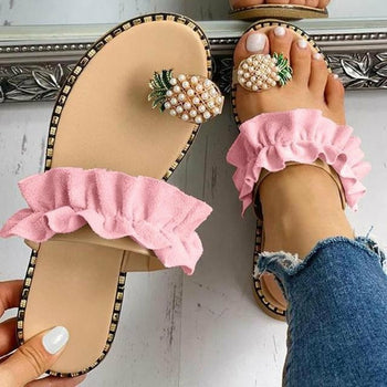 Womens beach slides pineapple pearl toe casual slippers with pink ruffles and pineapple pearl embellishments.