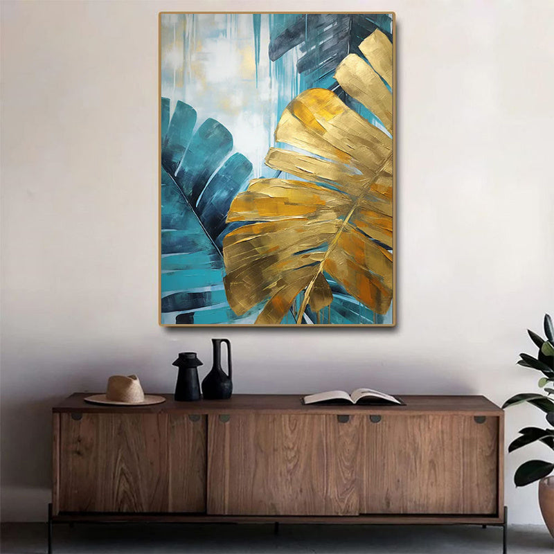 Pintura a óleo artesanal sobre tela, decoração de parede com grandes folhas de bananeira verdes e douradas. Ideal para decoração de casa. Pintura enrolada, sem moldura e sem esticar.