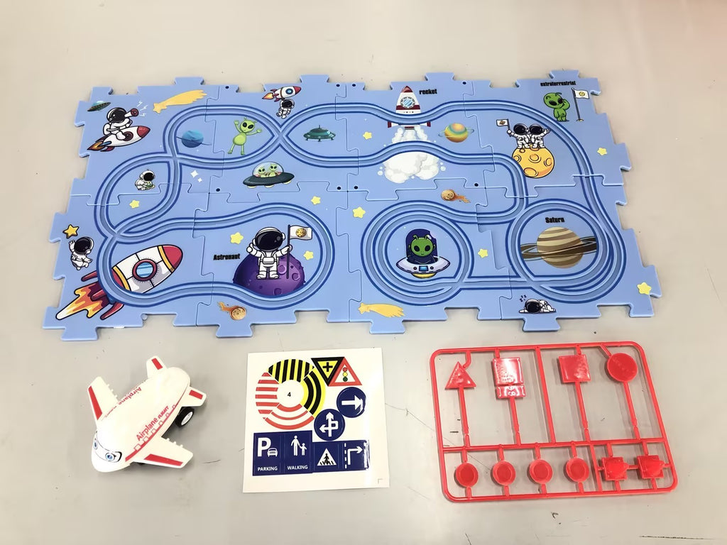 Puzzle infantil de comboio elétrico, brinquedo educativo para montar, com carro elétrico automático, cenário de cidade e carris.