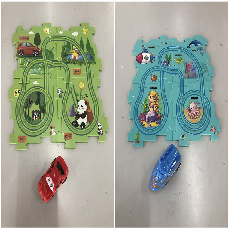 Puzzle infantil de comboio elétrico, brinquedo educativo para montar, com carro elétrico automático, cenário de cidade e carris.