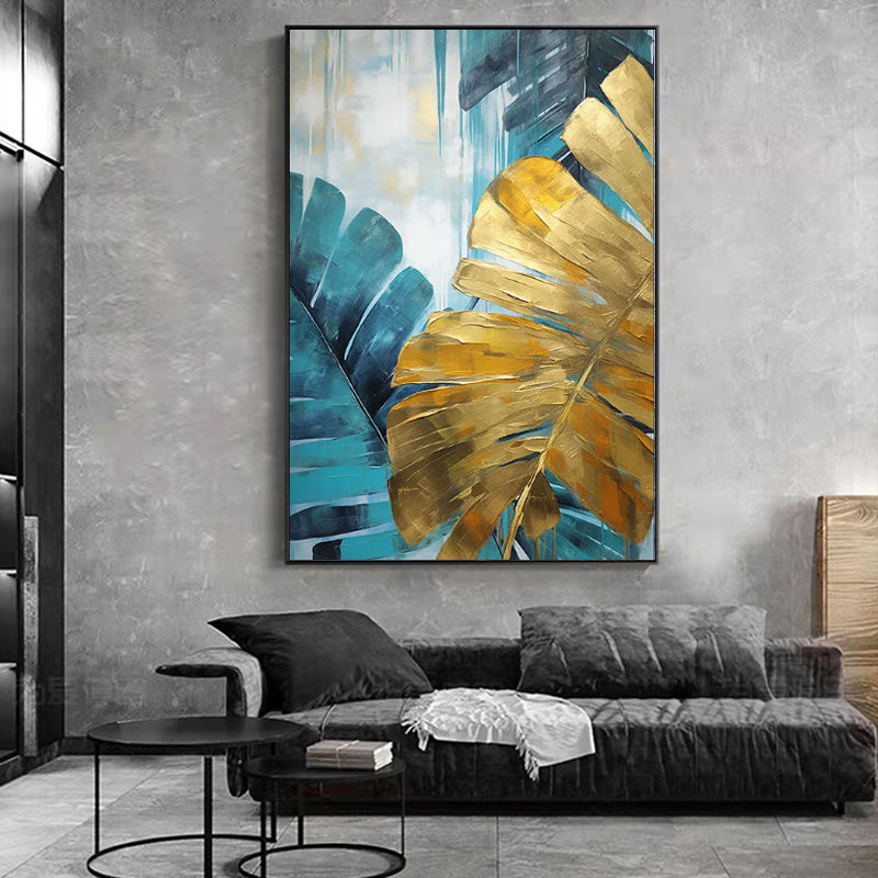 Pintura a óleo artesanal sobre tela, decoração de parede com grandes folhas de bananeira verdes e douradas. Ideal para decoração de casa. Pintura enrolada, sem moldura e sem esticar.