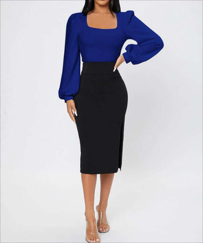 Ladies' Elegant Temperament Versatile Solid Color Long Sleeved Shirt styled with a black skirt.