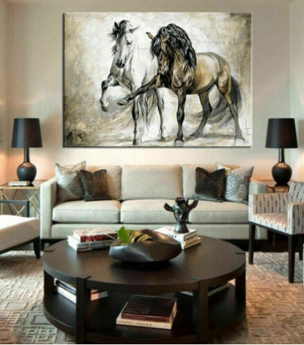 Quadro decorativo abstrato com cavalo em tela para parede, ideal para decoração de interiores.