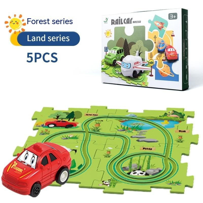 Puzzle infantil de comboio elétrico, brinquedo educativo para montar, com carro elétrico automático, cenário de cidade e carris.