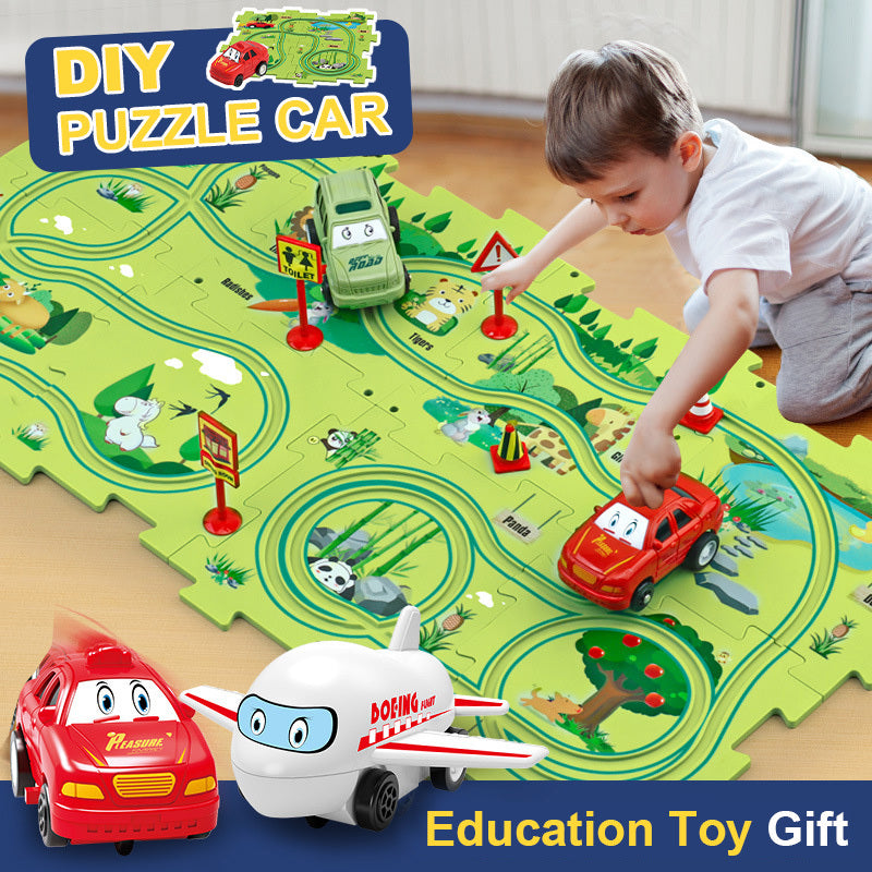 Puzzle infantil de comboio elétrico, brinquedo educativo para montar, com carro elétrico automático, cenário de cidade e carris.
