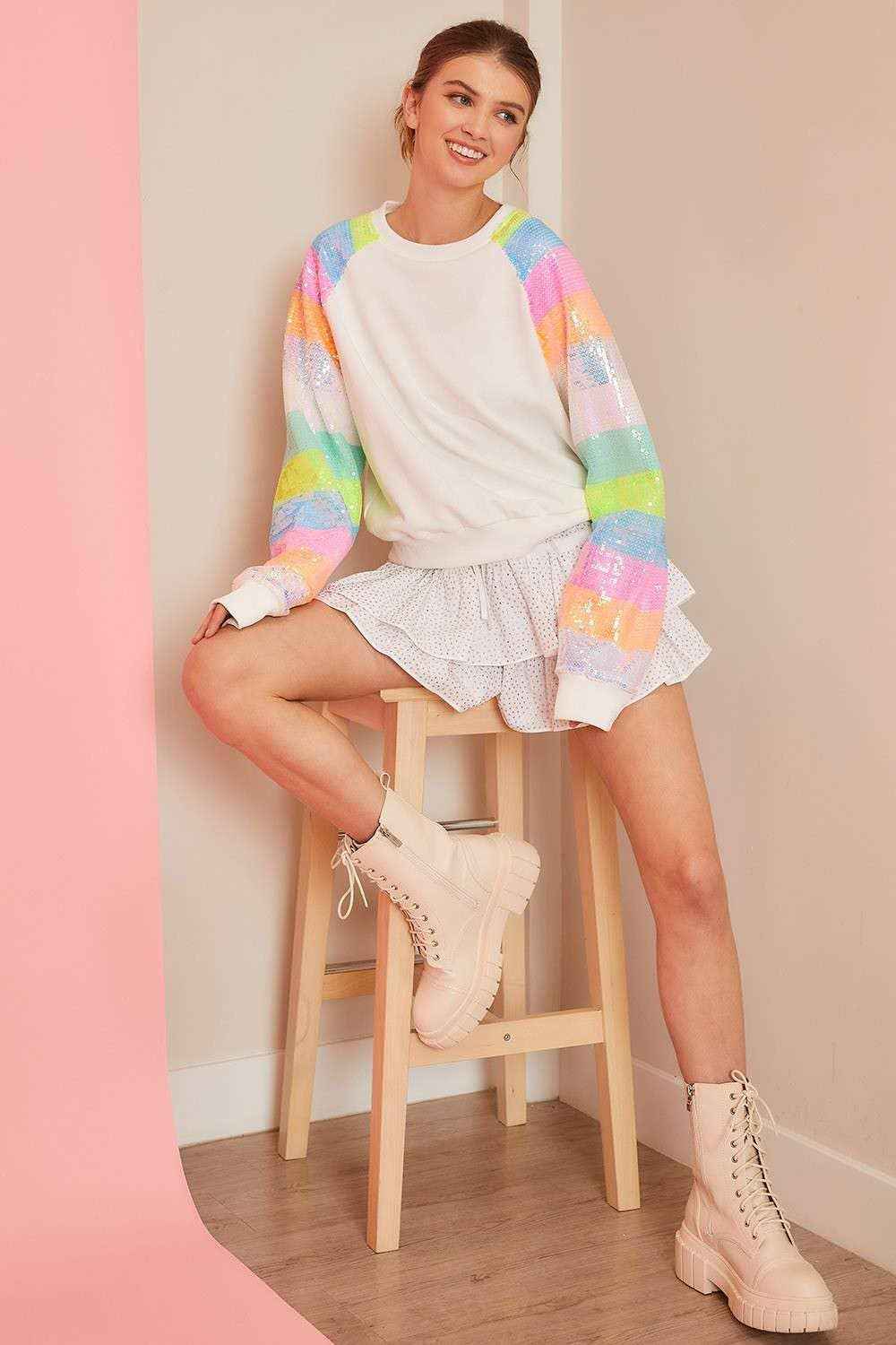 Color Block Sequin Sleeves French Terry Top