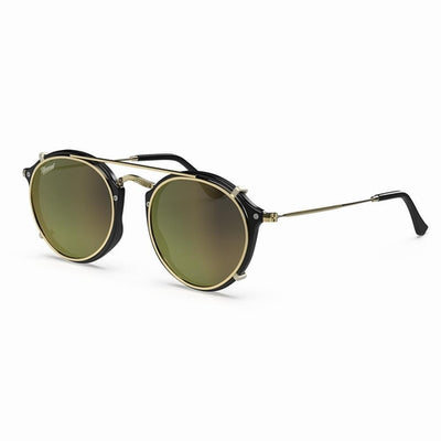 Vintage Heritage Clip-on sunglasses in black and gold with green lenses, showcasing a stylish and lightweight design.
