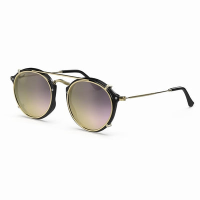 Vintage Heritage Clip-on sunglasses with black and gold frame and gradient lenses.
