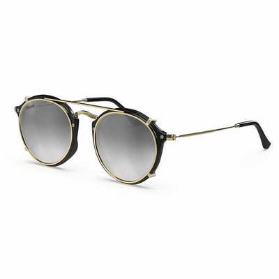 Vintage Heritage Clip-on sunglasses with black and gold design, featuring round lenses and a lightweight frame.
