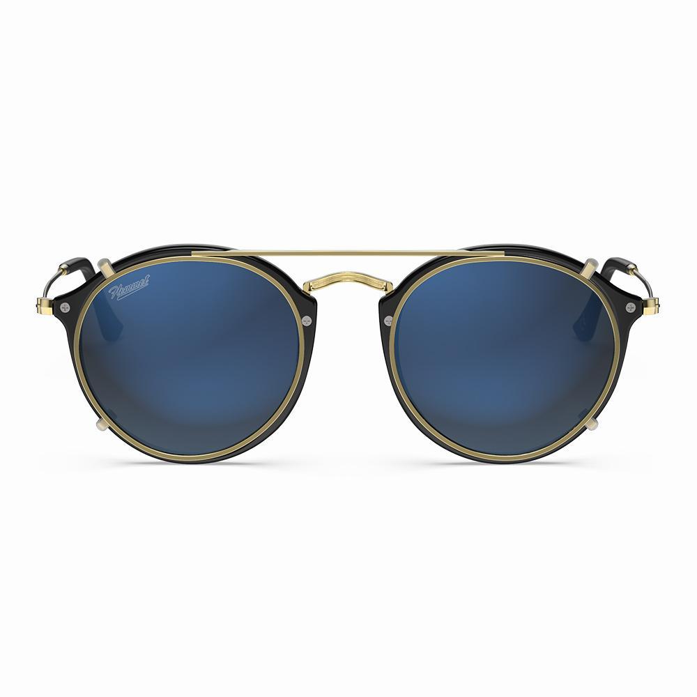 Vintage Heritage Clip-on sunglasses with blue lenses and gold accents, lightweight and stylish.