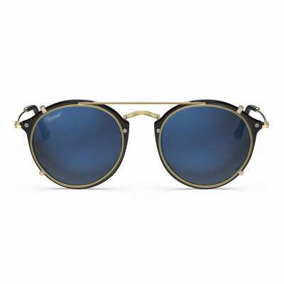 Vintage Heritage Clip-on sunglasses with blue lenses and gold accents, lightweight and stylish.
