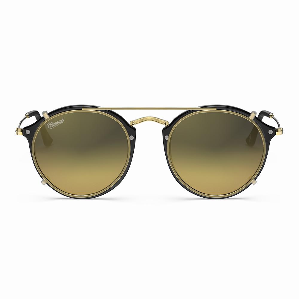 Vintage Heritage Clip-on sunglasses with round green lenses and stylish black frames.