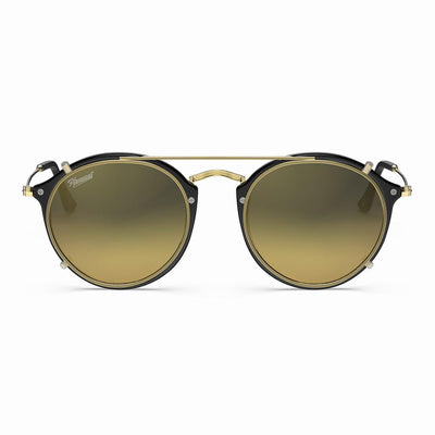 Vintage Heritage Clip-on sunglasses with round green lenses and stylish black frames.