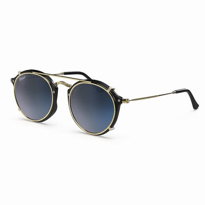 Vintage Heritage Clip-on sunglasses with black and gold frame and gradient lenses.