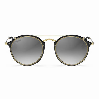 Vintage Heritage Clip-on sunglasses with minimal design and gray lenses.