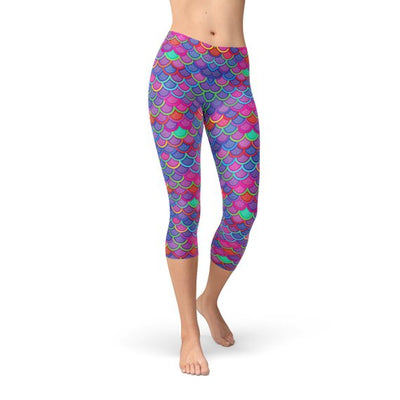 Womens Purple Pink Mermaid Capri Leggings - Firebrands