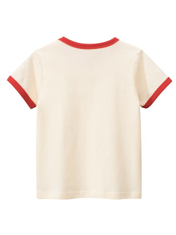 Back view of Plaid Red Heart Printing Girls’ T-Shirt In European And American Style with red trim on sleeves.