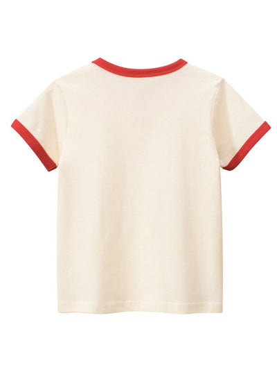 Back view of Plaid Red Heart Printing Girls’ T-Shirt In European And American Style with red trim on sleeves.
