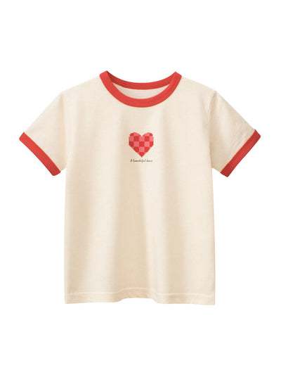 Plaid Red Heart Printing Girls’ T-Shirt In European And American Style in beige with red trim and heart pattern.